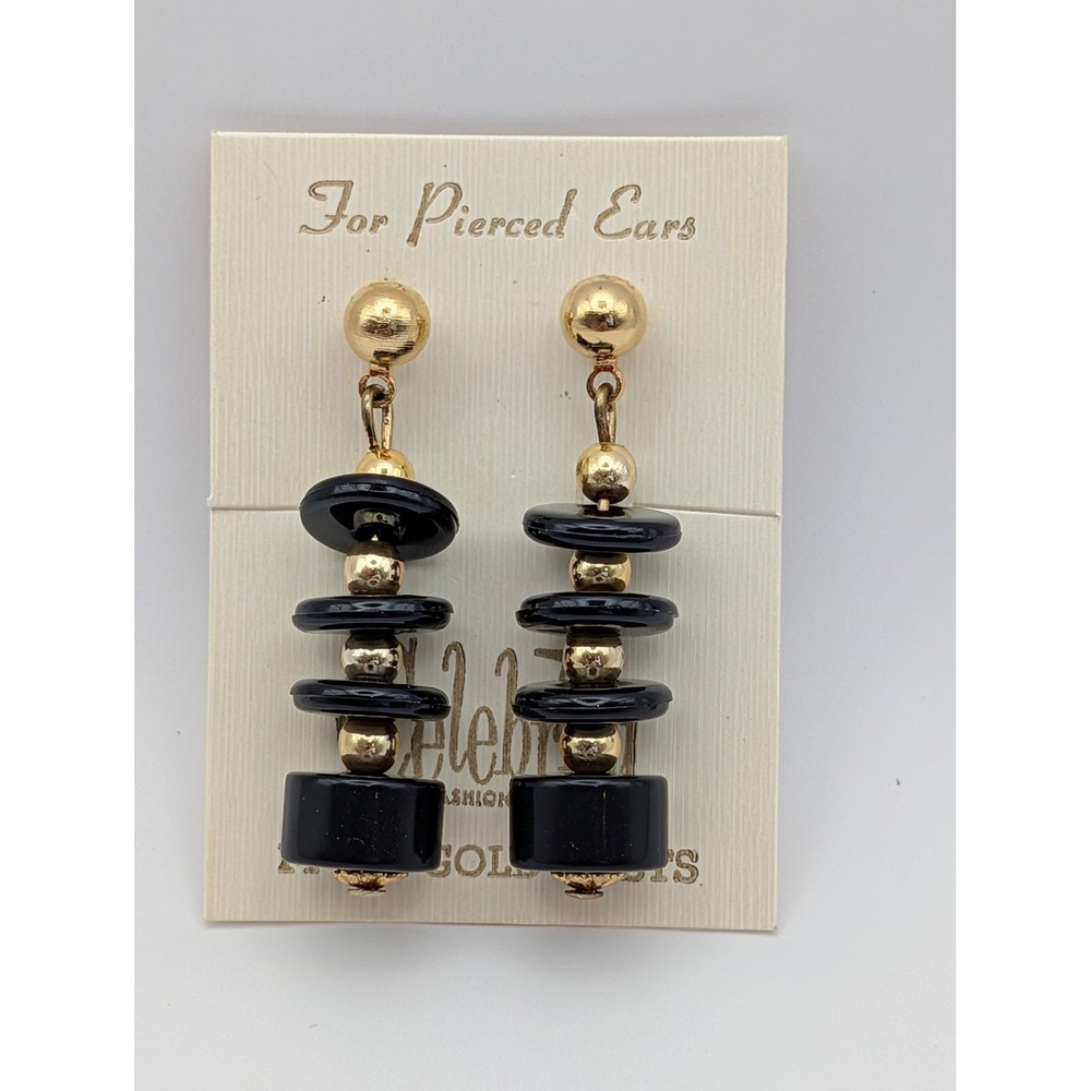 Vintage‎ Black Gold Tone Stacked Disc Dangle Earrings For Pierced Ears